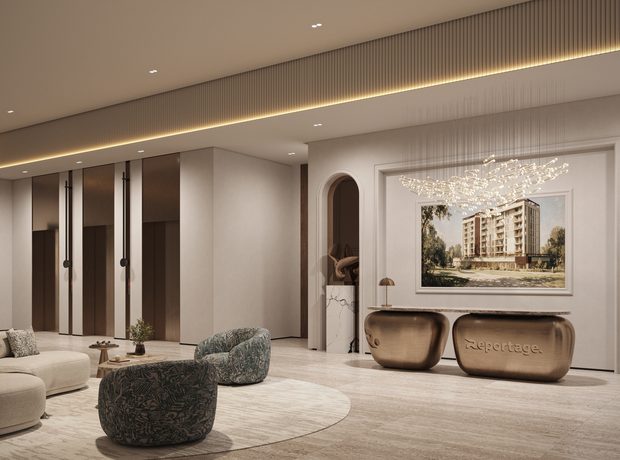A lobby, a residents’ lounge and a gym